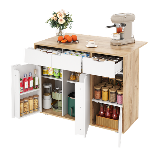 Desserte De Cuisine Sur Roulettes Plateau Rabattant Avec Tiroirs Et Portes, Bois Et Blanc