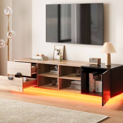 Meuble TV Avec LED 180 Cm Bois Et Noir Avec 2 Tiroirs Et Porte, Rangement Salon