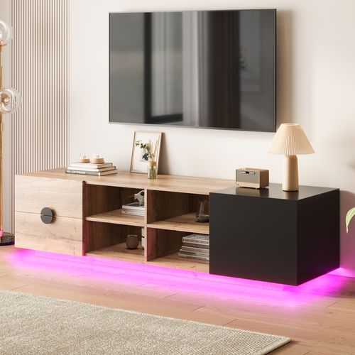 Meuble TV Avec LED 180 Cm Bois Et Noir Avec 2 Tiroirs Et Porte, Rangement Salon