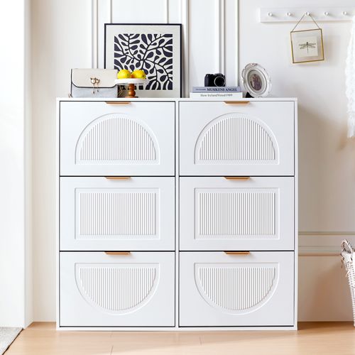 Meuble à Chaussures Blanc Avec 6 Abattants, Étagères Ouvertes, 118x25x115 Cm