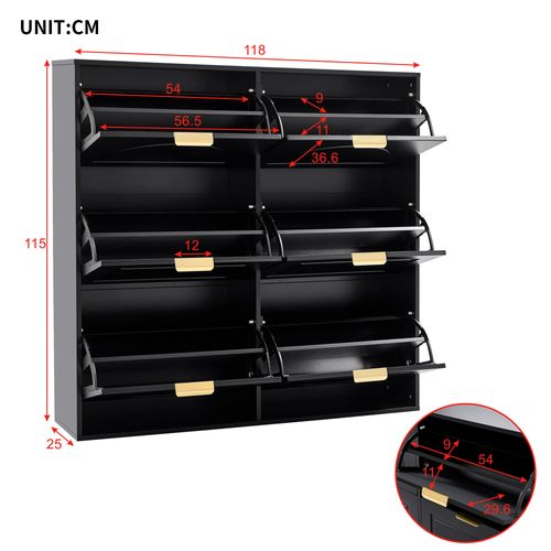 Meuble à Chaussures Noir Avec 6 Abattants, Étagères Ouvertes,118x25x115 Cm