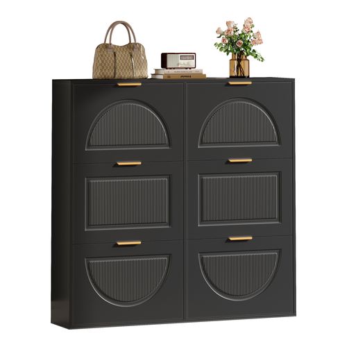 Meuble à Chaussures Noir Avec 6 Abattants, Étagères Ouvertes,118x25x115 Cm