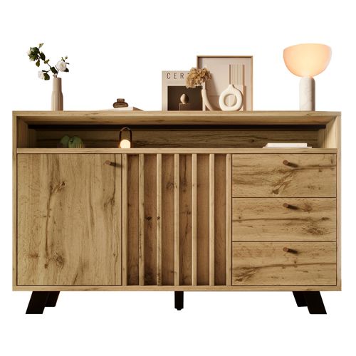 Buffet Bois Chêne Foncé Avec 3 Tiroirs Et 2 Portes 120x40x85 Cm, Salon Et Entrée