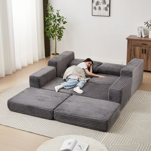 Canapé D'angle Convertible 2 Places Modulable En Velours Côtelé Gris Avec Poufs Amovible