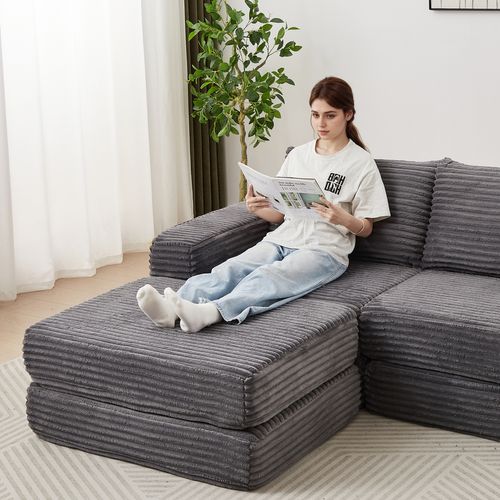Canapé D'angle Convertible 2 Places Modulable En Velours Côtelé Gris Avec Poufs Amovible