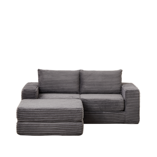 Canapé D'angle Convertible 2 Places Modulable En Velours Côtelé Gris Avec Poufs Amovible