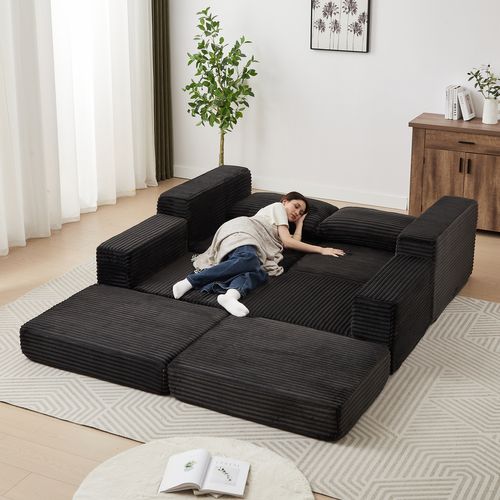 Canapé D'angle Convertible 2 Places Modulable En Velours Côtelé Noir Avec Poufs Amovible