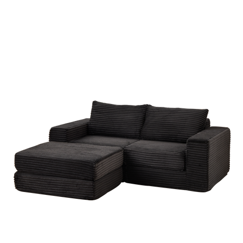 Canapé D'angle Convertible 2 Places Modulable En Velours Côtelé Noir Avec Poufs Amovible