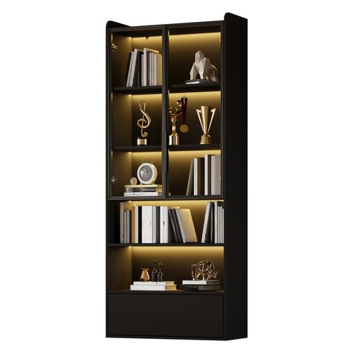 Vitrine Noir 180 Cm LED Avec Tiroir Et 2 Portes Vitrées, Rangements Ouverts, Salon Et Salle à Manger
