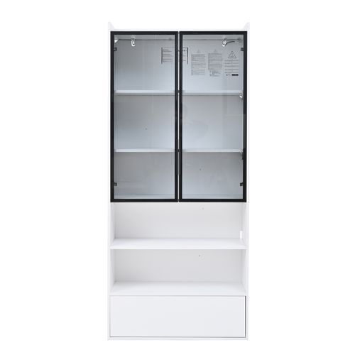 Vitrine Haute 80x34x180 Cm Blanc Avec Tiroir, Portes En Verre, LED, Rangements Ouverts