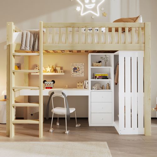 Lit Mezzanine Enfant 90x200 Cm Bois Naturel Avec Bureau, 3 Tiroirs, Armoire Vêtement Et Escalier