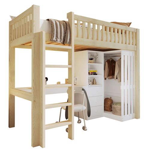 Lit Mezzanine Enfant 90x200 Cm Bois Naturel Avec Bureau, 3 Tiroirs, Armoire Vêtement Et Escalier