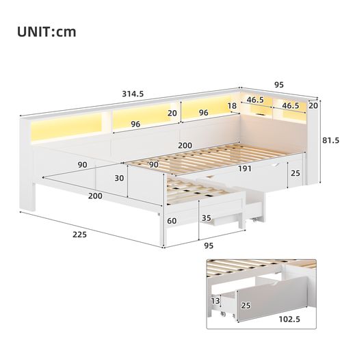 Lit Enfant Gigogne 90x200 Cm En L Bois Blanc Avec 3 Couchages, 5 Niches, Tiroir, LED Et Ports USB