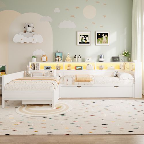 Lit Enfant Gigogne 90x200 Cm En L Bois Blanc Avec 3 Couchages, 5 Niches, Tiroir, LED Et Ports USB