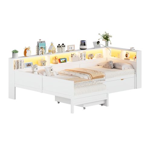Lit Enfant Gigogne 90x200 Cm En L Bois Blanc Avec 3 Couchages, 5 Niches, Tiroir, LED Et Ports USB