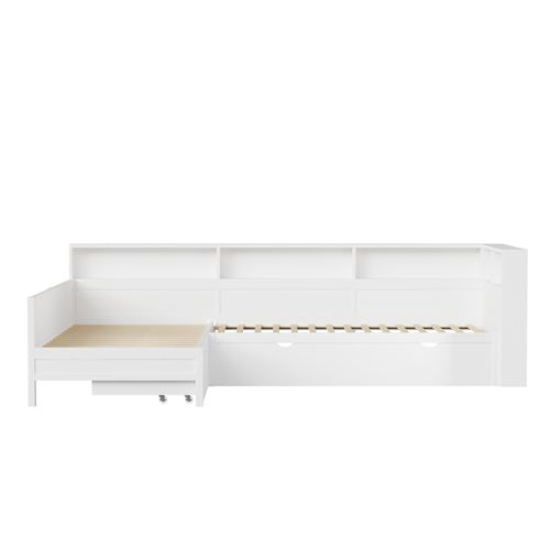 Lit Enfant Gigogne 90x200 Cm En L Bois Blanc Avec 3 Couchages, 5 Niches, Tiroir, LED Et Ports USB