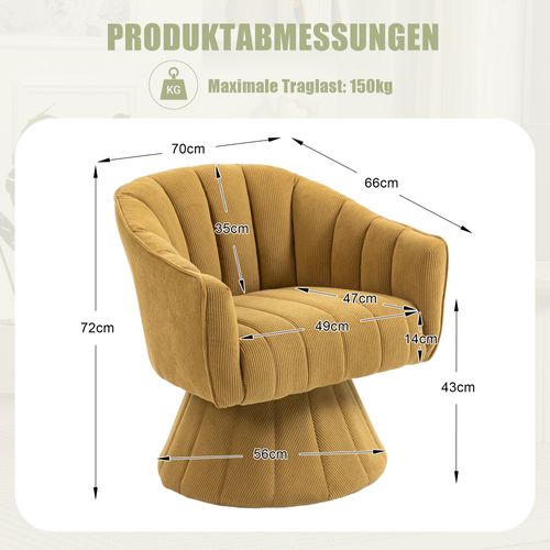 Fauteuil Pivotant En Tissu Velours Côtelé Jaune Moutarde, Assise Profonde, Salon, Chambre Et Bureau