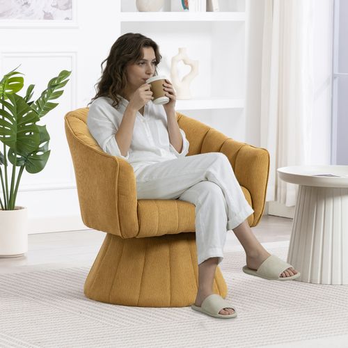 Fauteuil Pivotant En Tissu Velours Côtelé Jaune Moutarde, Assise Profonde, Salon, Chambre Et Bureau
