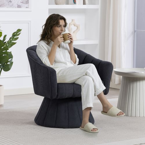 Fauteuil Pivotant En Tissu Velours Côtelé Gris Foncé, Assise Profonde, Salon, Chambre Et Bureau