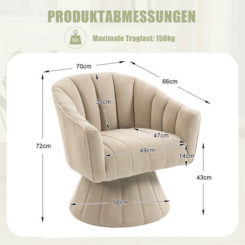 Fauteuil Pivotant En Tissu Velours Côtelé Kaki, Assise Profonde, Salon, Chambre Et Bureau