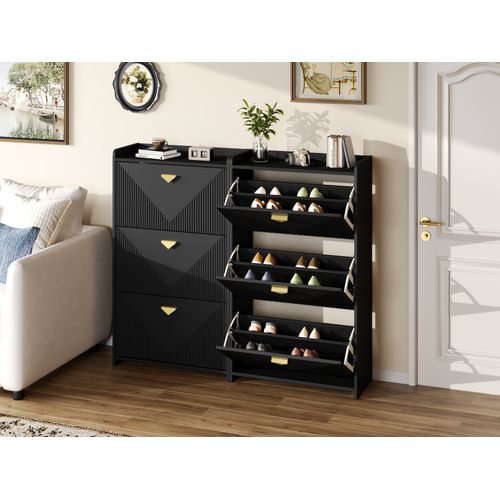 Lot De 2 Meubles à Chaussures 70x30x120 Cm Noir, Portes Abattantes Et Compartiments