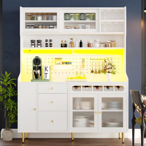 Buffet De Cuisine Blanc Haute Avec LED, Portes En Verre, Rangements Et Casier à Vin