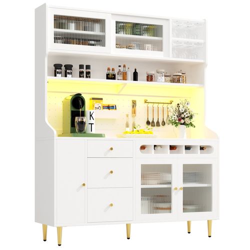 Buffet De Cuisine Blanc Haute Avec LED, Portes En Verre, Rangements Et Casier à Vin