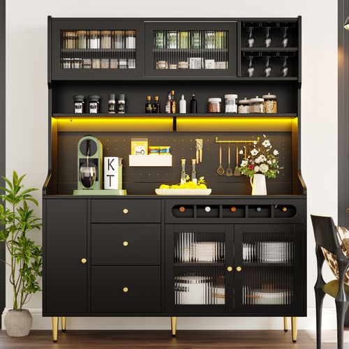 Buffet De Cuisine Haut Noir 171cm Avec LED, Étagères Réglables Et Tiroirs Porte-bouteilles