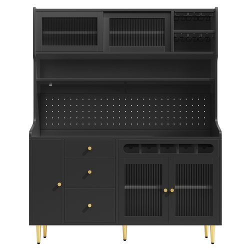 Buffet De Cuisine Haut Noir 171cm Avec LED, Étagères Réglables Et Tiroirs Porte-bouteilles