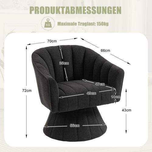 Fauteuil Pivotant En Tissu Velours Côtelé Noir, Assise Profonde, Salon, Chambre Et Bureau