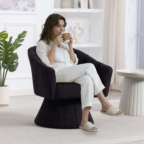 Fauteuil Pivotant En Tissu Velours Côtelé Noir, Assise Profonde, Salon, Chambre Et Bureau