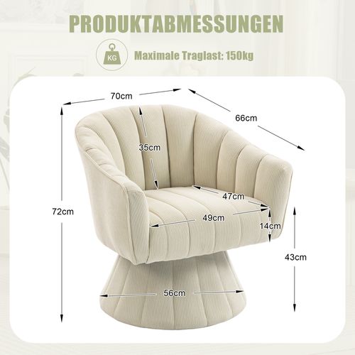 Fauteuil Pivotant En Tissu Velours Côtelé Beige, Assise Profonde, Salon, Chambre Et Bureau