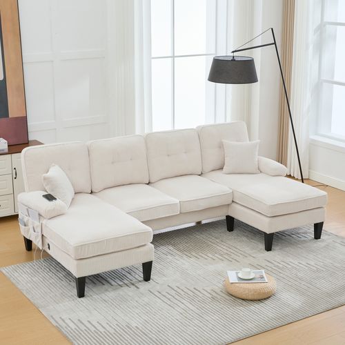 Canapé D’angle U 4 Places Avec 2 Méridiennes En Velours Côtelé Beige Avec Ports USB/type-c