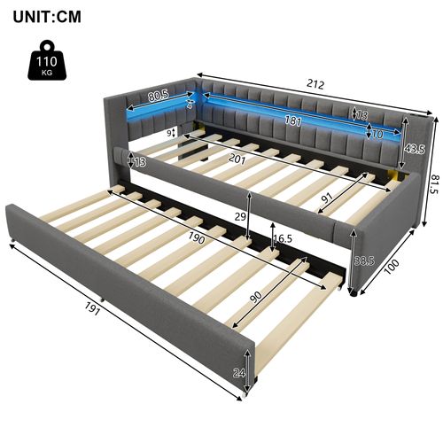 Lit Enfant Gigogne 90x190/200 Cm LED, Ports USB/type-c Et Sommier à Lattes, En Lin Gris