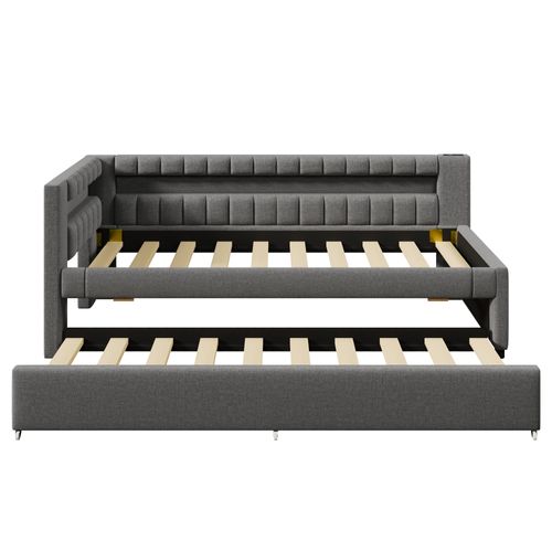 Lit Enfant Gigogne 90x190/200 Cm LED, Ports USB/type-c Et Sommier à Lattes, En Lin Gris