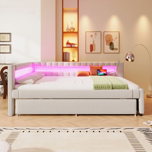 Lit 140x200 Cm Avec Lit Gigogne 90x190 Cm En Lin Beige Avec LED Et Ports USB/type-c