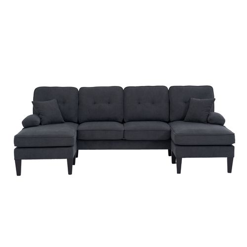 Canapé D’angle U 4 Places Avec 2 Méridiennes En Lin Gris Foncé Avec Ports USB/type-c