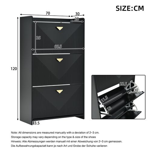 Meuble à Chaussures 70x30x120 Cm Noir Avec 3 Portes Abattantes Et 6 Compartiments
