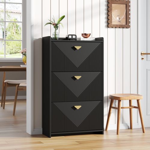 Meuble à Chaussures 70x30x120 Cm Noir Avec 3 Portes Abattantes Et 6 Compartiments