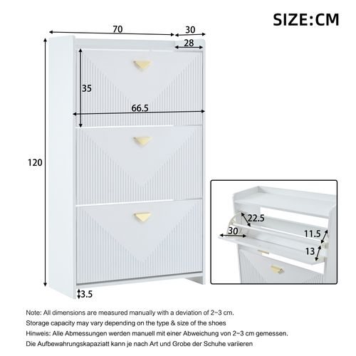 Meuble à Chaussures 70x30x120 Cm Blanc Avec 3 Portes Abattantes Et 6 Compartiments