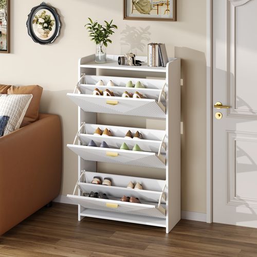 Meuble à Chaussures 70x30x120 Cm Blanc Avec 3 Portes Abattantes Et 6 Compartiments