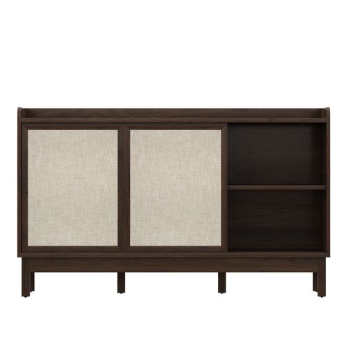Buffet Bois Naturel Avec Portes Coulissantes Et 2 Tiroirs, Rangement Salon Et Entrée 150x39,5x80 Cm