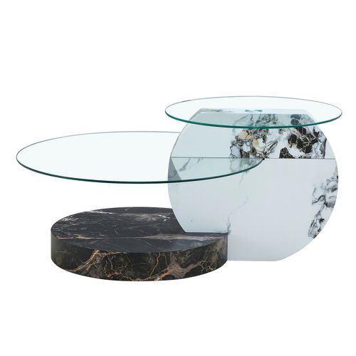 Table Basse Ronde Salon 50 Cm + 70 Cm Verre Trempé, Effet Marbre Blanc Et Noir, 2 Plateaux