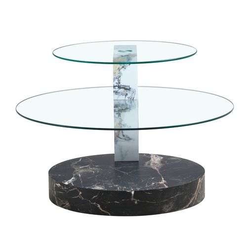 Table Basse Ronde Salon 50 Cm + 70 Cm Verre Trempé, Effet Marbre Blanc Et Noir, 2 Plateaux