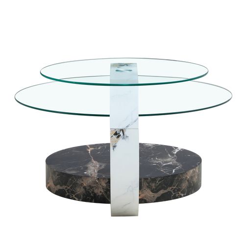 Table Basse Ronde Salon 50 Cm + 70 Cm Verre Trempé, Effet Marbre Blanc Et Noir, 2 Plateaux