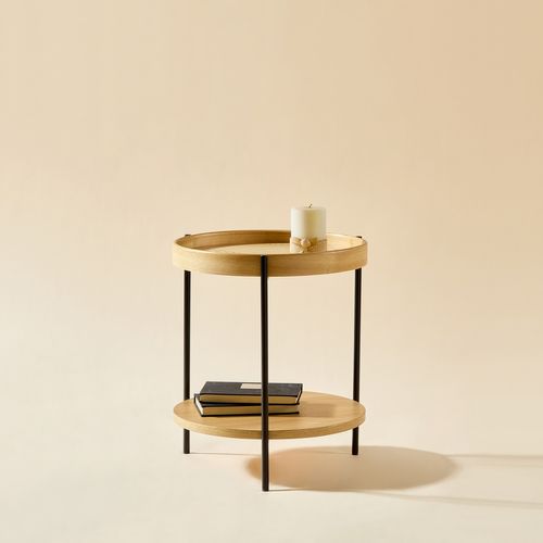 Bout De Canapé Rond 2 Plateaux 44x48 Cm, Bois Et Métal Noir