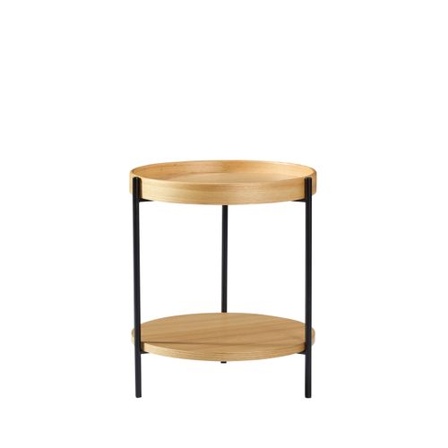 Bout De Canapé Rond 2 Plateaux 44x48 Cm, Bois Et Métal Noir