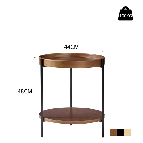 Bout De Canapé Rond 2 Niveaux 44x48 Cm, Bois Noyer Et Métal Noir