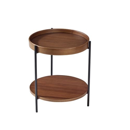 Bout De Canapé Rond 2 Niveaux 44x48 Cm, Bois Noyer Et Métal Noir