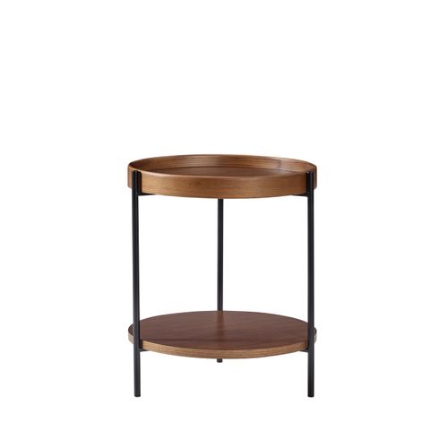 Bout De Canapé Rond 2 Niveaux 44x48 Cm, Bois Noyer Et Métal Noir